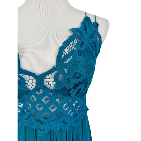 Free People Teal Lace Crochet Trim Ruffled Hem Flowy Casual Boho Slip Dress - Picture 3 of 16
